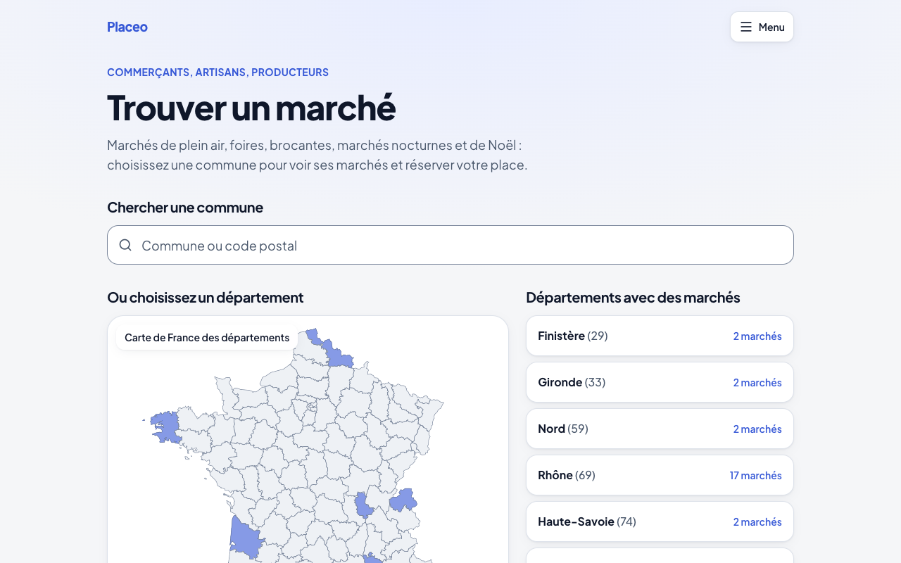 Page d’accueil : recherche par commune et carte de France