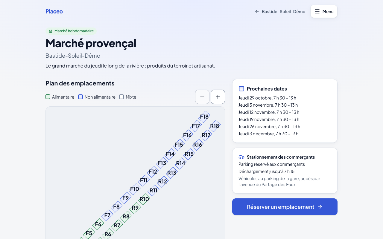 Page publique d’un marché : plan, dates, exemple de prix