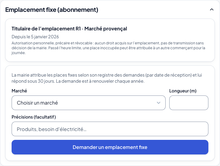Formulaire de demande de place fixe