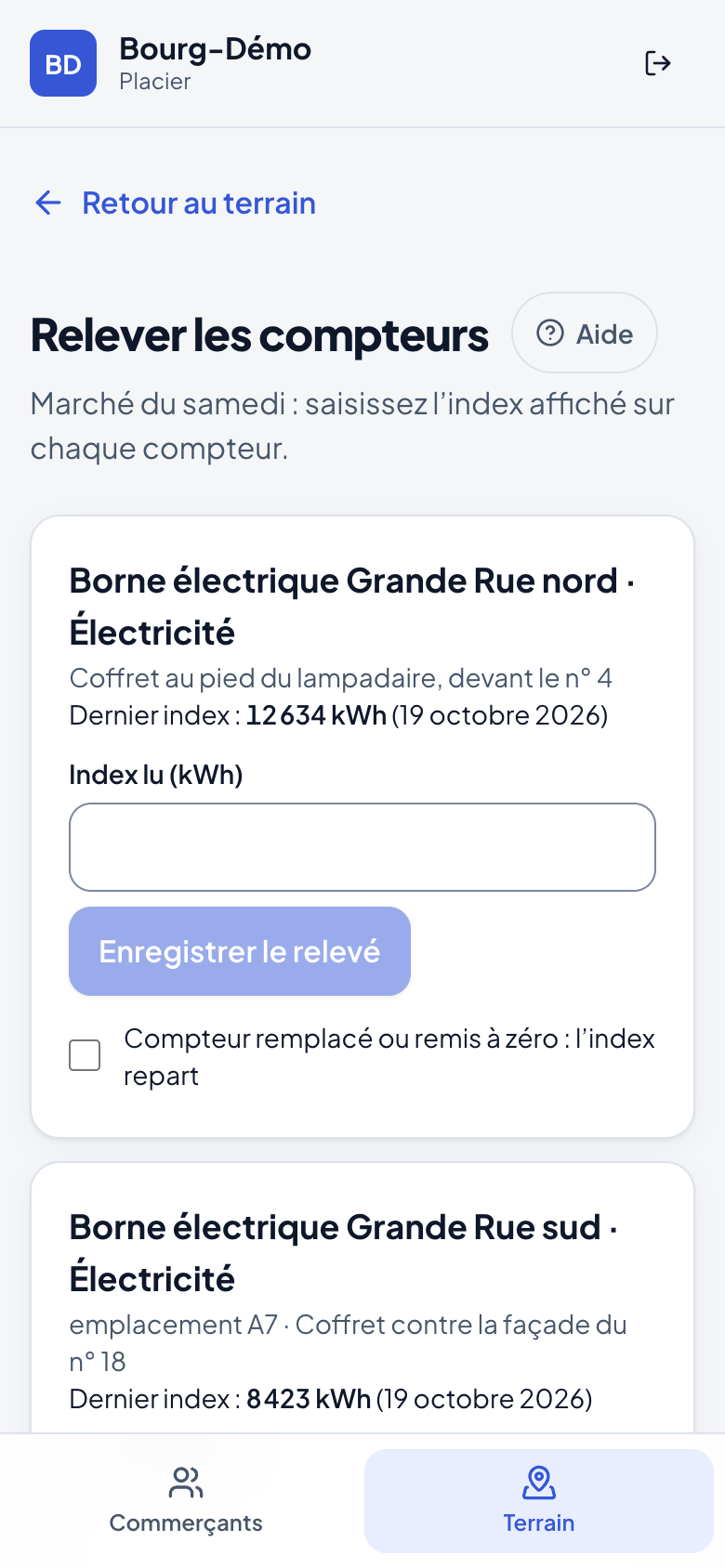 Relevé des compteurs du marché